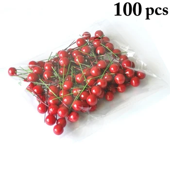 100Pcs Mini Bagas de Plástico Falso Fruto Pequeno Artificial Vermelho Cherry Berry Estames Cereja Presente de Casamento Caixa Decorada de Natal Coroas de flores