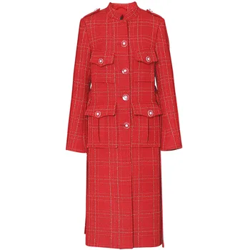 2021 outono Inverno vintage das Mulheres do Vintage Xadrez Casacos de Tweed Cinto Fino Longos Casacos de Roupas de Estilo Militar Vermelho de Lã Casaco de Abrigos