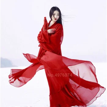 2022 mais novo Chinês Tradicional Hanfu Vestido para as Mulheres Sólido Vermelho Chiffon Plus Size Dança Folclórica Trajes Femininos Vintage Tang Terno