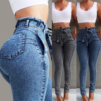 2022 Mulher Jeans Slim Fit Trecho de Borla Cinto de Cintura Alta Jeans para Mulheres