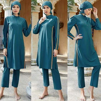 2022 Nova Chegada Elegante Burkinis Muçulmano Trajes De Banho 3 Peças Túnica Longa De Natação Hijab Terno Muslimah Hijab Maiô Islâmico Swimwear
