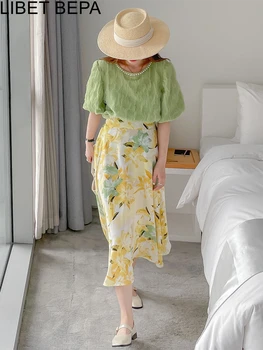 2022 Novo Lily com estampa Floral Vintage Elegante coreano Moda Queimado Plissada Cintura Alta a coleção Primavera / Verão as Mulheres Saias Longas SK1665JM
