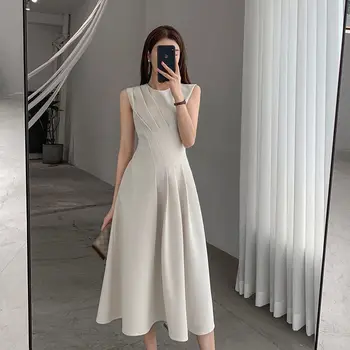 2022 vestido de Verão para as Mulheres, Uma Peça de Dama de Escritório Moda Elegante sem Mangas Casual Midi Vestidos de Roupa Fêmea Vestdios