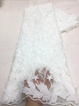 (5yards/pc) de Alta qualidade de tule branco de renda Africano francês net laço com totalmente em 3D, flores, bordados e lantejoulas para vestido FZX133