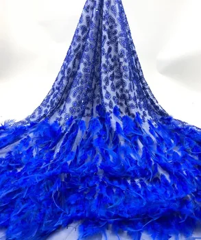 (5yards/pc) de Alta qualidade tubo de miçangas bordadas pena de renda azul royal Africano francês net laço de tecido para o vestido de festa FXZ034