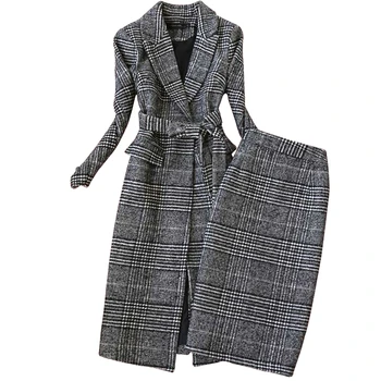 Alta qualidade de mulheres terno 2019autumn e de inverno de nova slimlong-manga tweed xadrez jaqueta do terno + saia de cintura alta terno de 2 peças de conjunto