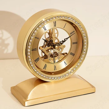 American Bronze Puro Relógio de Mesa Moderno Europeu Luxo Strass Enfeite Dourado Relógio de Mesa Decoração Sala de estar