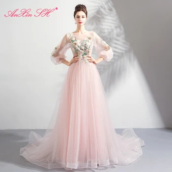 AnXin SH cor-de-Rosa da flor Deusa delicado modelo cor-de-rosa do laço de noiva vestido de noite jantar beading flor-de-rosa vestido de noite 7182