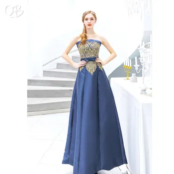 Azul elegante A-line sem Alças de Cetim Apliques de Renda Vestidos de Noite 2019 Nova Moda Longo Formais Vestidos de Noite XH433