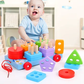 Bebê Montessori brinquedos Forma Geométrica Conselho de Correspondência de Jogos para Crianças de Madeira Trailer de Educação de Blocos de Construção de brinquedos