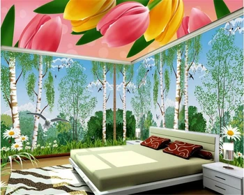 beibehang Personalizada de Moda Interior, papel de parede 3d papel de Parede Pastoral de Vila Verde Fresco Árvores Sala de estar em 3D Espaço de Parede