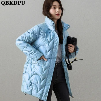 Brilhante Inverno Fofo Impermeável Meados de comprimento de Casaco de Mulheres Quentes Grosso Casaco Casual Solta coreano Casaco de Neve Outwear Sólido Casacos