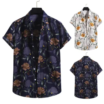 Camisa de homem Novo, Roupa de cama de Algodão Praia Havaiana Camisa de estampa Geométrica Manga Curta com Botão de Camisa Casual Plus Size Rua Camisa
