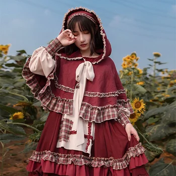 Chapeuzinho Vermelho, Menina Mulher De Inverno De Manga Longa Vestido Lolita & Vermelho Com Capuz Cabo E Chefe Do Lenço