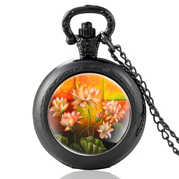 Clássicos Budistas Sagrados Desenho De Flor Preto Vintage Quartzo Relógio De Bolso Homens Mulheres Exclusivo Colar Pingente Horas Relógio Presentes