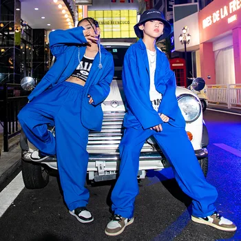 Crianças Adolescentes Kpop Hip Hop Roupas Blazer Azul Jaqueta de Streetwear Calças para Menina, Menino de Dança Jazz Traje de Roupas fato