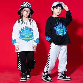 Crianças Adolescentes Kpop Jazz Roupa Branca, Camisa De Impressão Tops Preto Corredores De Calças Para Meninas Meninos De Dança Hip Hop Traje De Rua Roupas