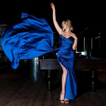 Elfin Azul Royal Sexy Decote Em V Sereia Vestido De Noite Sem Alças Laterais Alta Divisão De Baile, Vestidos De Dubai Celebridade Vestidos De Festa Vestidos De
