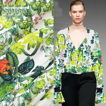 Estilo americano verde estampa floral 100% natural de seda pesada crepe tecido para o vestido de seda pura tecido pano de tela tecido 30mm SP5054