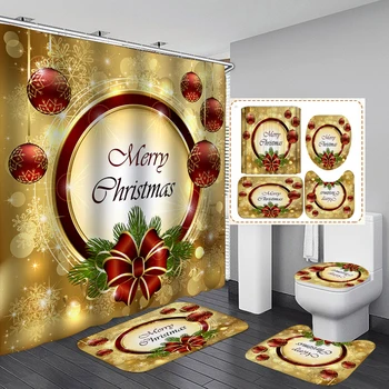 Feliz Natal Cortina De Chuveiro Do Banheiro Lanterna Sino De Ouro Padrão Banheira Cortinas Antiderrapante, Tampa Higiênico Tapete Tapete Carpete