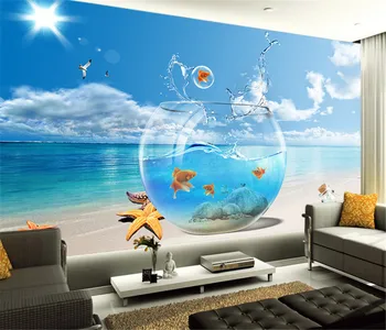 Frete grátis em 3D vista para o Mar de papel de parede sofá da sala quarto tv bar fundo do aquário dos peixes do papel de parede mural