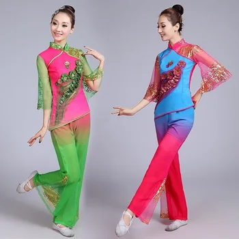 Fêmea nova de primavera e verão, médio e idosos Yangge roupas fã de dança, trajes modernos nacional de dança clássica fantasia