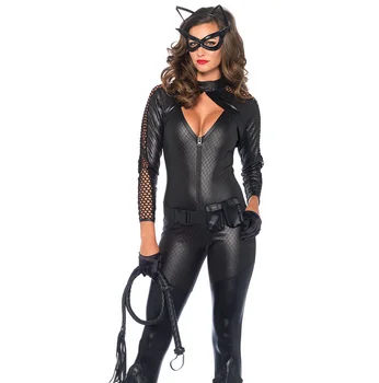 Halloween Patente Preto de couro, imitação de couro, bodysuit gato menina mascarada cavalaria desempenho do vestido
