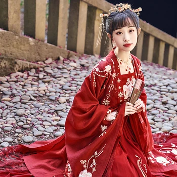 Hanfu Roupas Chinês do Estilo do Vestido de Casamento Elegante Embridery Grande Balanço Saia da Dinastia Tang Figurinos Vermelho Hanfu Terno DQL7646