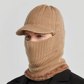 Homens de Inverno, Homens de Chapéu Quente de Proteção de Ouvido à prova de Vento Masculino Lenço de Máscara facial Integrado Chapéu de Malha de Palas de Bonés