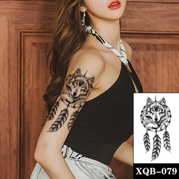Impermeável da Etiqueta Temporária Tatuagem Black Wolf Apanhador de sonhos Penas Fake Tattoos o Flash Tatoos Braço Pernas Arte no Corpo, para as Mulheres, Homens