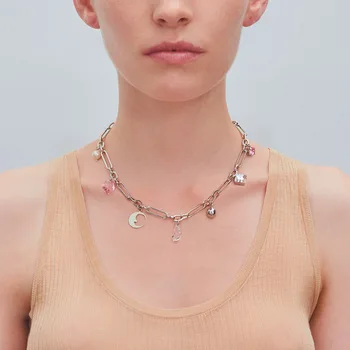 Jóias de prata, cor de corrente de metal lua de cristal multi pingente colar curto feminino gargantilha clavícula cadeia