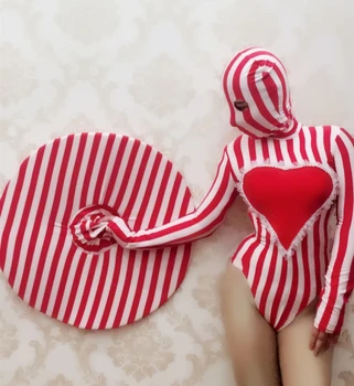 Mascarado traje tema do big listras vermelhas amor grande chapéu alto garfo Siamese manga Longa DS Traje Cantora Fase de Desgaste