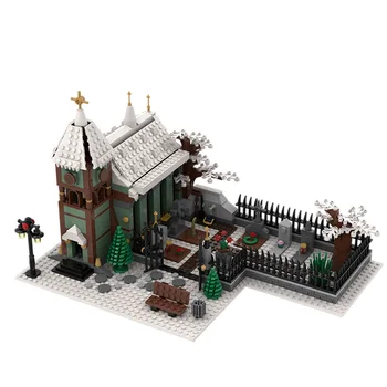 MOC Brinquedos Rua da Cidade de Cena de Inverno, a Igreja da Aldeia com o Cemitério de Blocos de Construção Modular de Construção de Modelo de Bloco de Tijolos Brinquedos