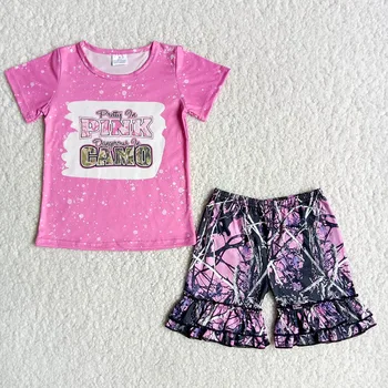 Moda fazenda roupas de bebê menina bonito cor de rosa, t-shirt e camo shorts 2 pcs conjuntos de crianças casual para crianças, roupas de verão