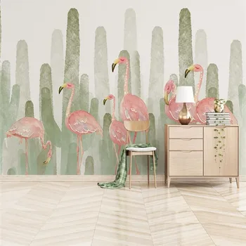 Moderno e minimalista pintados à mão flamingo planta de cacto papel de parede papel de parede de parede profissional de produção de papel de parede mural personalizado pho