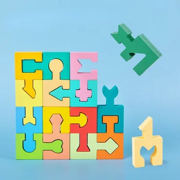 Montessori de Madeira Puzzle Forma de Correspondência de Blocos de Construção de Jogo para Crianças, Quebra-cabeça de Montagem e Construção de Brinquedos de Madeira do Enigma