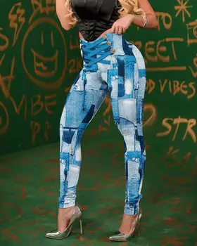 Mulheres Botão Moda Casual Slim Calças Lápis Sexy Jeans Olhar Impressão de Cintura Alta Bunda Elevador Calças Skinny Y2K