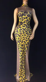 Mulheres de Barra Nova Cantora DS Traje de Noite Club 3D Print de Leopardo Sexy Vestido de Personalidade Desempenho de Festa de Festa de Aniversário