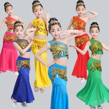 Mulheres de Dança do Ventre, Filhos de Dia 100-160 cm de Ombro de Fora Menina Oriental para Crianças Trajes Cosplay Fase de Lantejoulas Saias de Cauda de Peixe