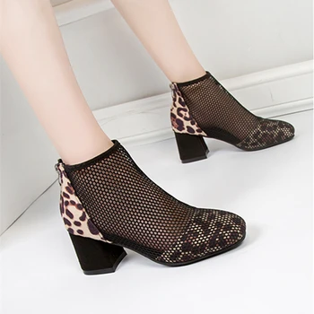 Mulheres de Verão, de Borracha, Botas de Salto Alto 2021 Moda Malha Bloco de Sandálias de Salto Tabi Respirável Leopard Print Sapatos Com pés Quadrados