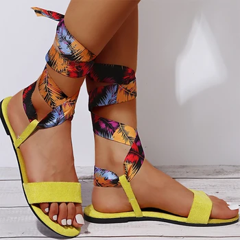 Mulheres Gladiador Impressão Curativo Sandálias 2021 Feminino De Verão De Praia, Flats, Senhoras Casual Cruz Amarrado Os Sapatos Novos De Calçado De Mulher Tamanho Plus