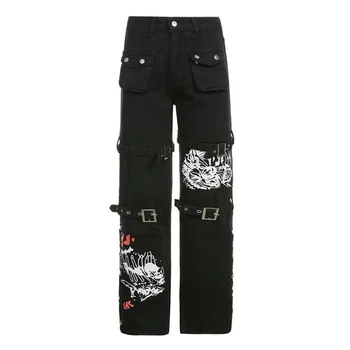 Mulheres Gótico Punk Cintura Alta Jeans Harajuku Fivela De Metal Hip Hop De Impressão Carga Calças De Perna Larga Largas E Soltas De Jeans, Calças