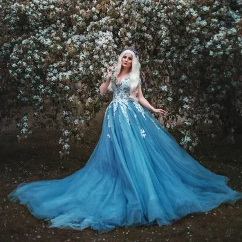 Noite Azul Vestido Off-Ombro Vestido De Renda Exuberante De Tule Vestidos De Baile Com O Trem De Uma Linha De Vestido Para O Photoshoot Fairy Princess Dress
