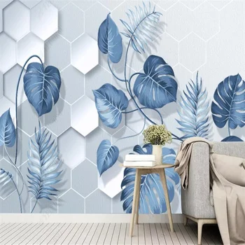 Nordic Mão-pintadas de Azul Foto 3D Papel de Parede de Plantas Tropicais, que Sai de Casa Decoração Personalizada Mural Decoração do Quarto de Auto-adesivo de Parede