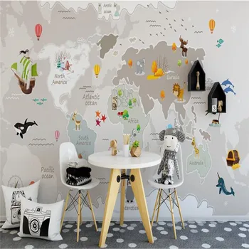 Nordic pintado a Mão dos desenhos animados de Animais Mapa Sala de Crianças de Fundo Mural, Papel de Parede 3D Personalizado Bonito papel de Parede para Quarto de Crianças