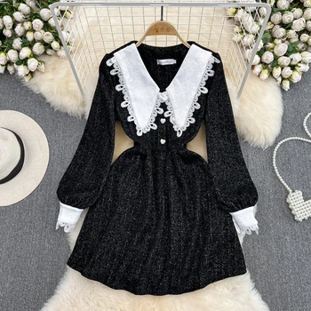 Nova de Outono/inverno Vintage Little Black Dress Cintura Emagrecimento Brilhante Vestido de Seda