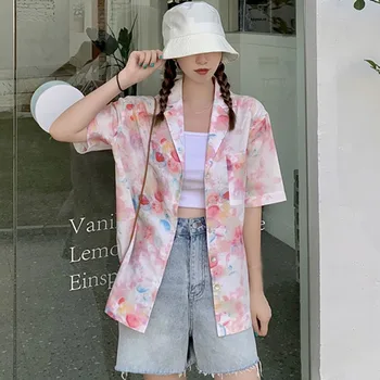 Novo Feminino de Verão de Design Sentido de Hong Kong, Estilo Tie-dye Mulheres Vire para baixo de Gola, manga Curta, com gola de Camisa