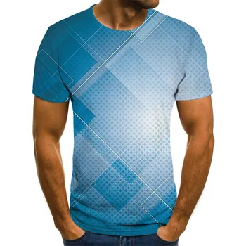 Novo Xadrez Camisetas masculinas de Verão Casual Manga Curta Moda 3D Gola Redonda Tops Simples Streetwear