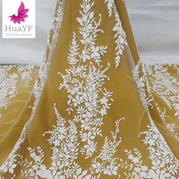 O novo francês Frisado Branco de Paetês com Laço Quente da Venda de Casamento Vestido de Noiva tecido Para 5 jardas HY2040-3