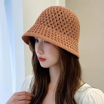 O verão coreano da Maré Proteção do Sol Pescador Chapéu Fashion Faux Palha da Oca de Malha Chapéu de Malha. Balde De Chapéus Japão Menina